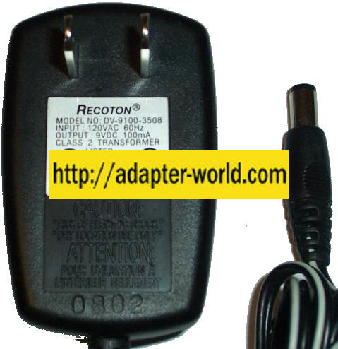RECOTON DV-9100-3508 AC ADAPTER 9VDC 100MA POWER SUPPLY